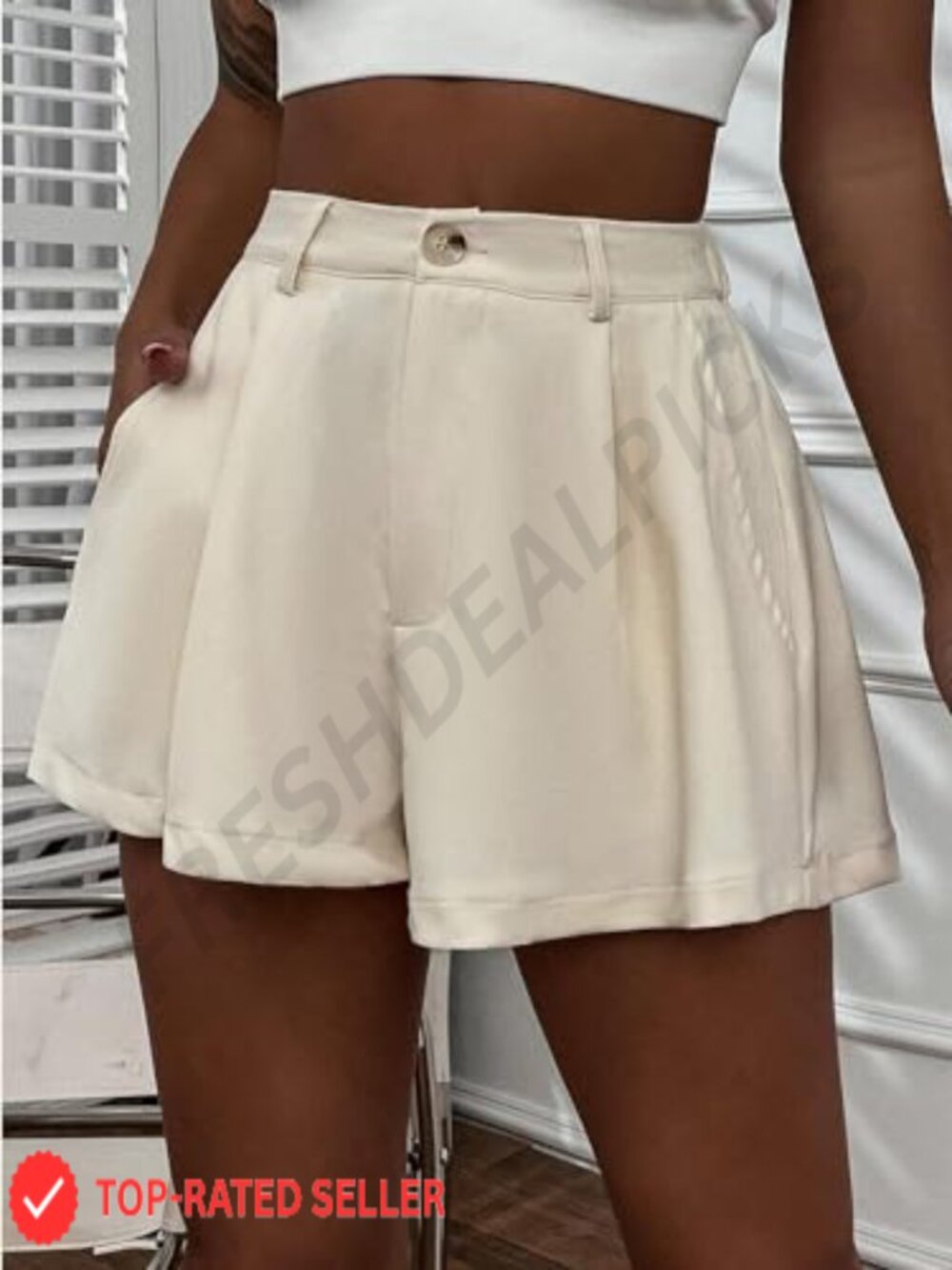 Elastic High Waisted Wide Leg Pleated Flowy Casual Shorts with Pockets - Picture 3 of 6